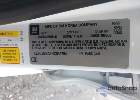 2022 Chevrolet Spark Fwd Ls Automatic z USA, uszkodzony, nr VIN KL8CB6SA9NC036784